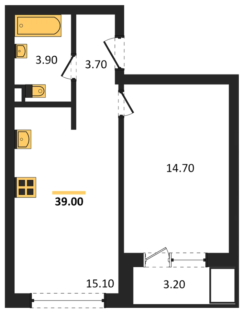 Планировка: 1-комн., 39 м²