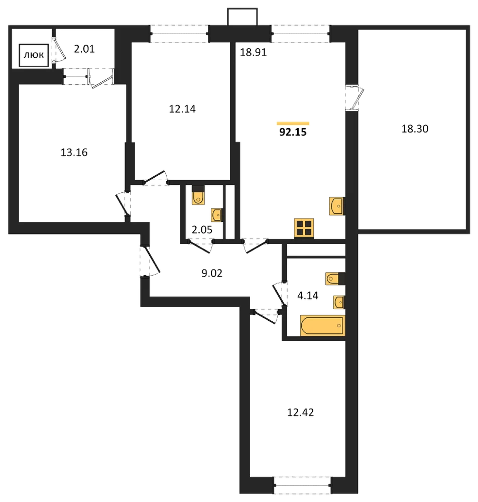 Планировка: 3-комн., 91,9 м²