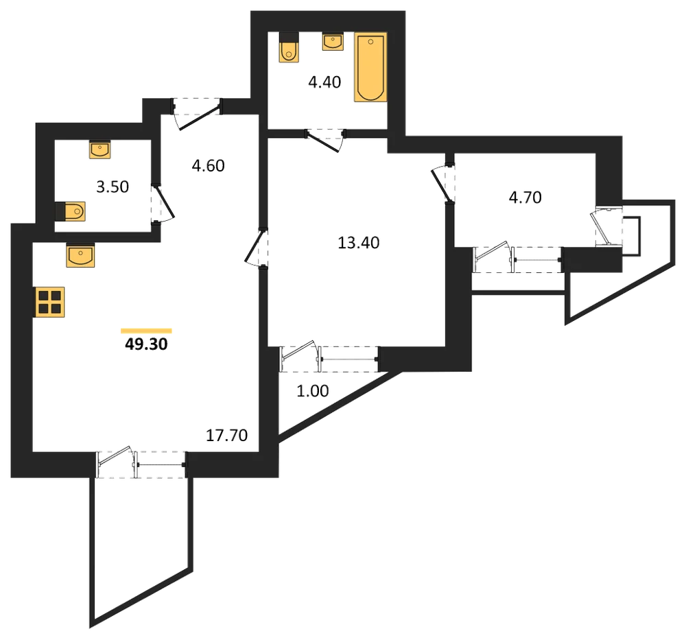 Планировка: 1-комн., 49,3 м²