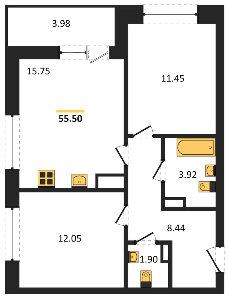 Планировка: 2-комн., 55,5 м²