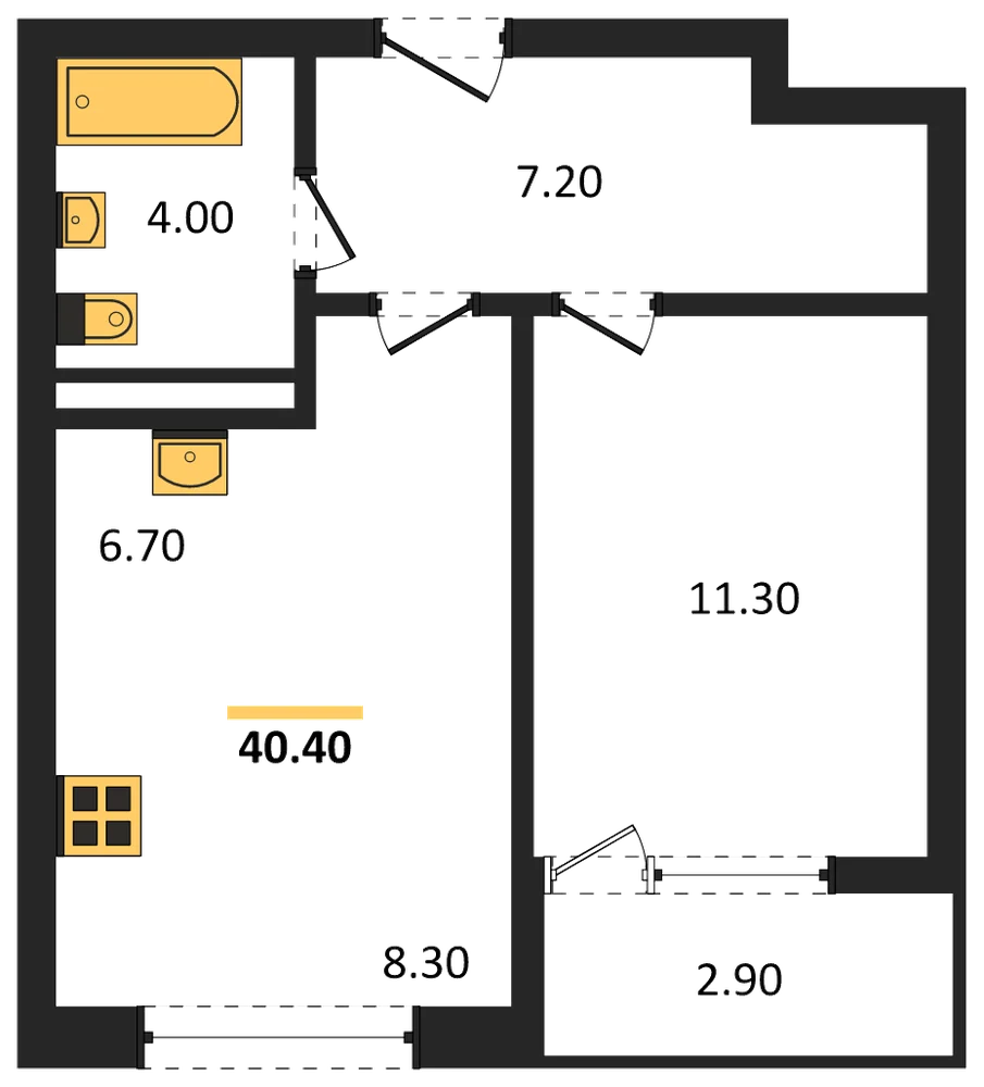 Планировка: 1-комн., 40,4 м²