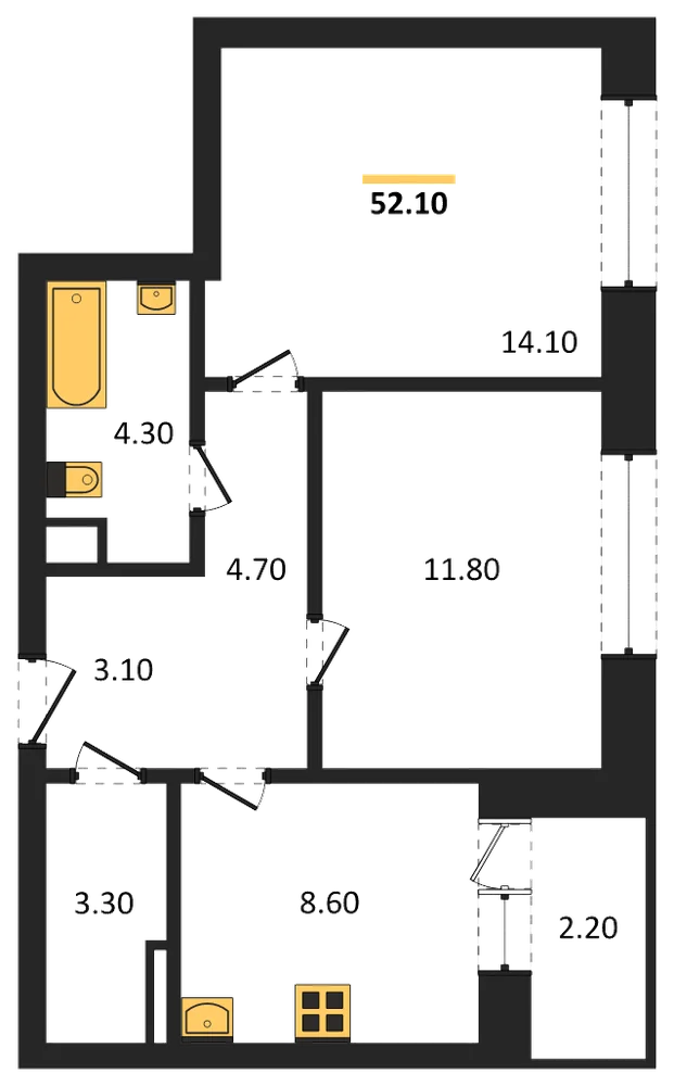 Планировка: 2-комн., 52,1 м²