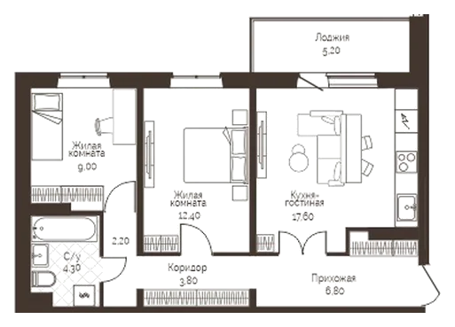 Планировка: 2-комн., 58,7 м²
