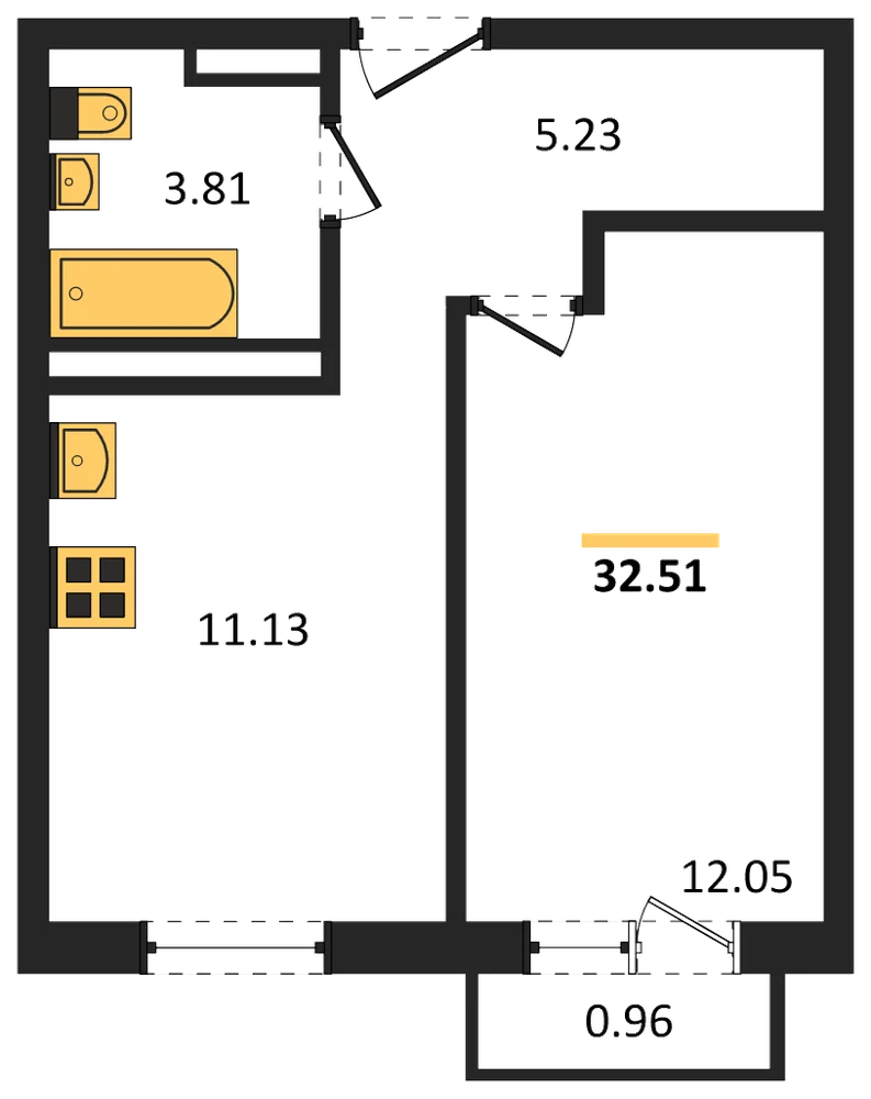 Планировка: 1-комн., 32,5 м²