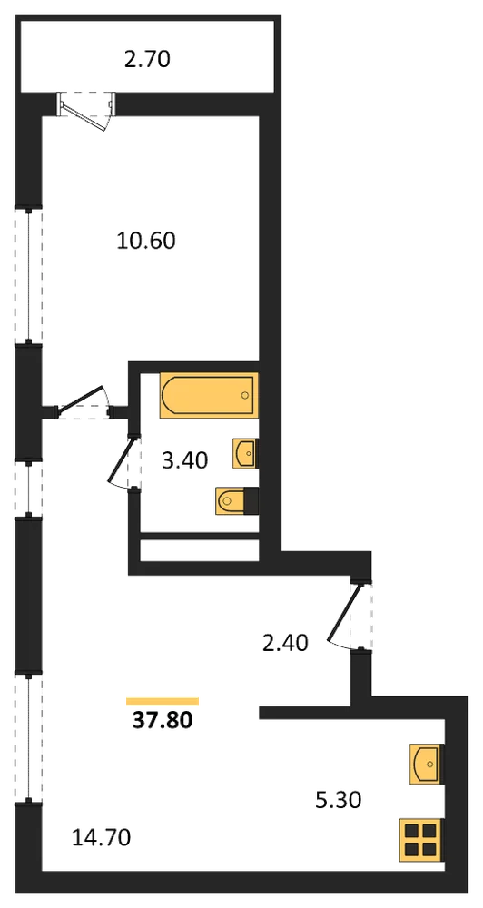 Планировка: 1-комн., 37,8 м²
