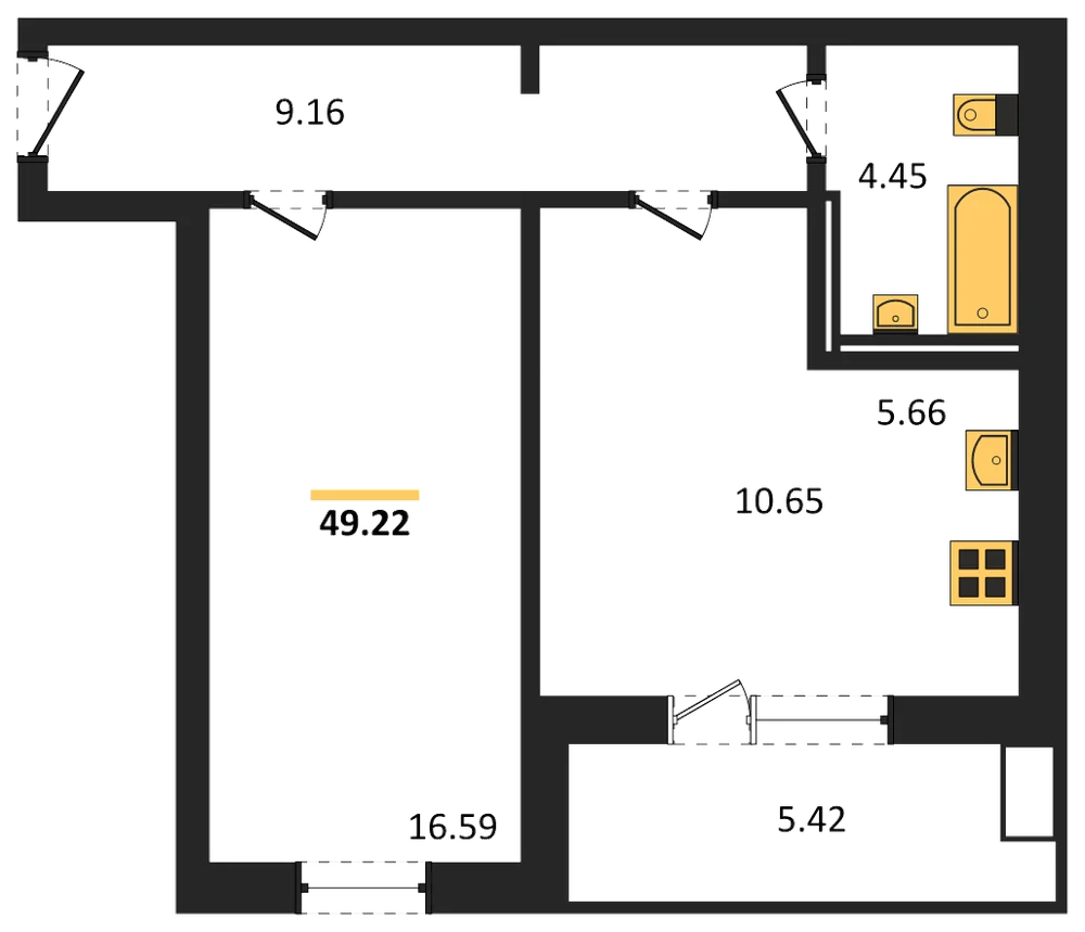 Планировка: 1-комн., 49,2 м²