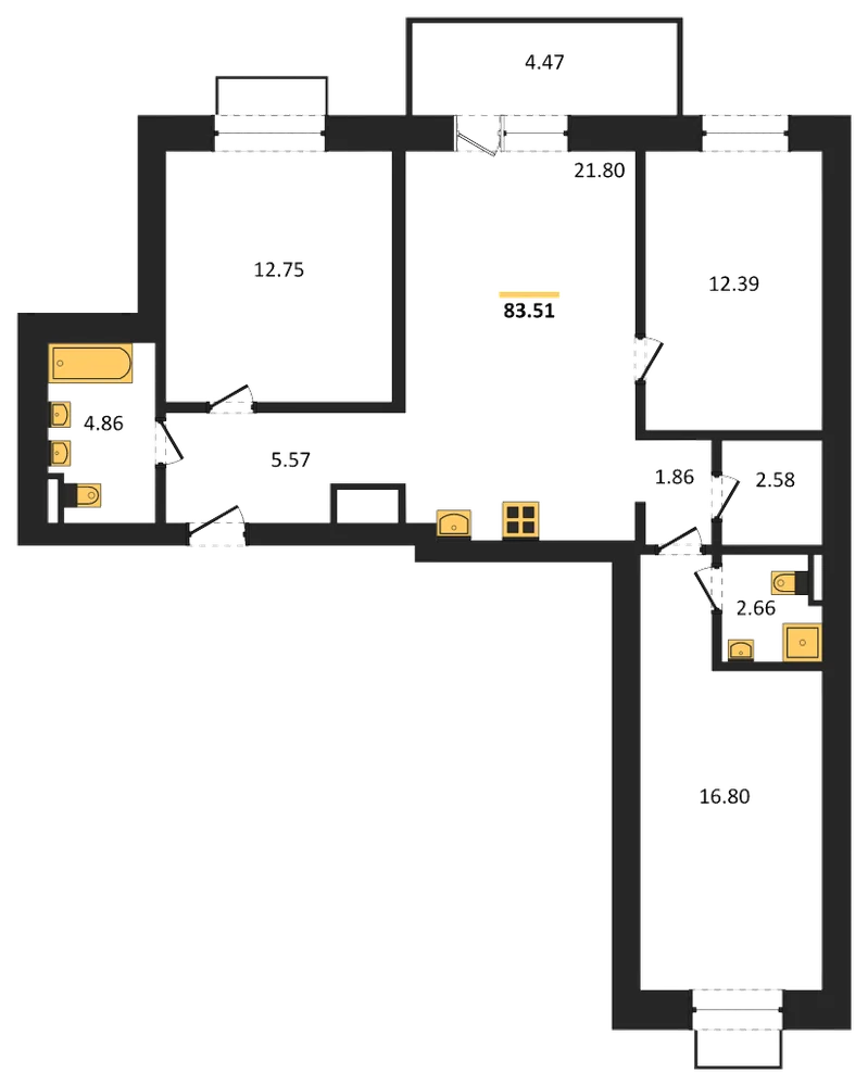 Планировка: 3-комн., 83,5 м²