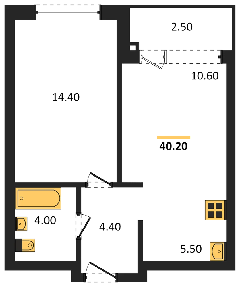 Планировка: 1-комн., 40,2 м²