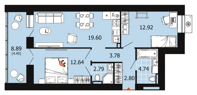 Планировка: 2-комн., 63,7 м²