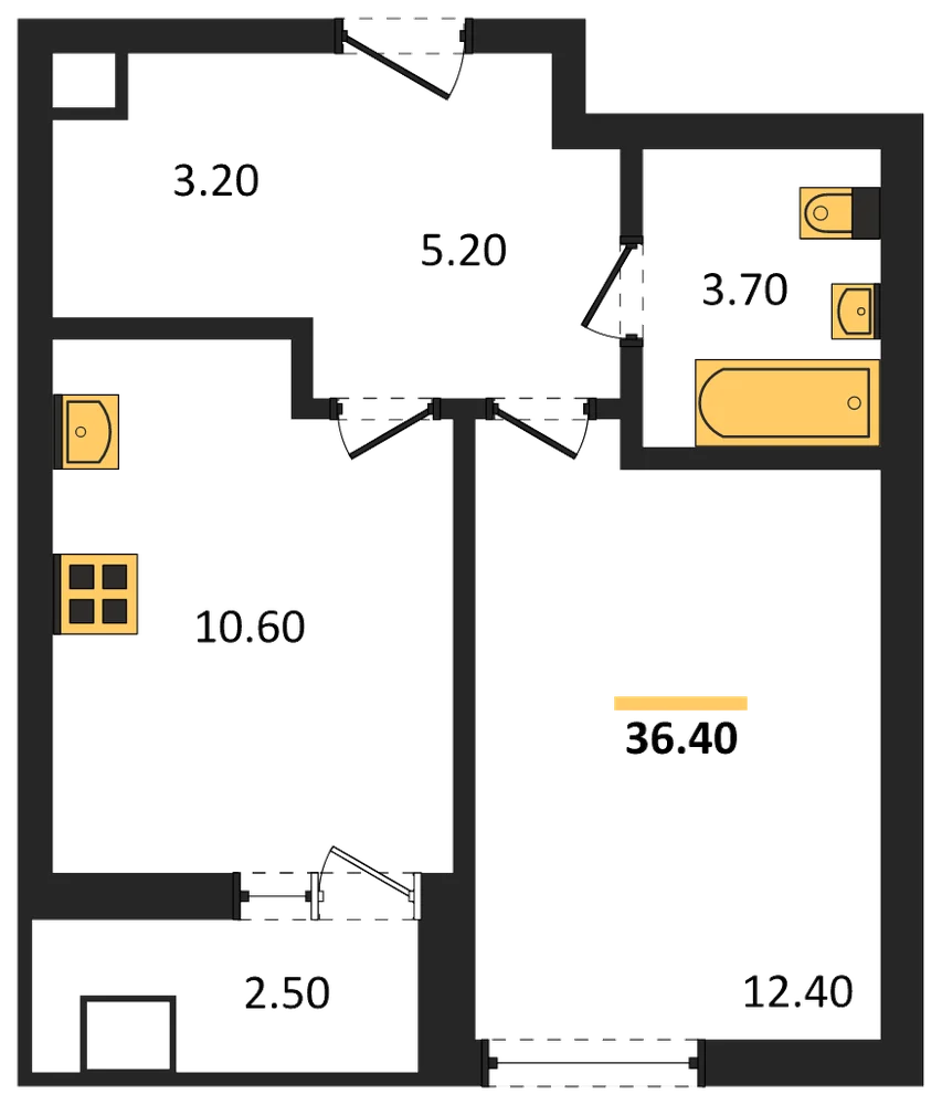 Планировка: 1-комн., 36,4 м²