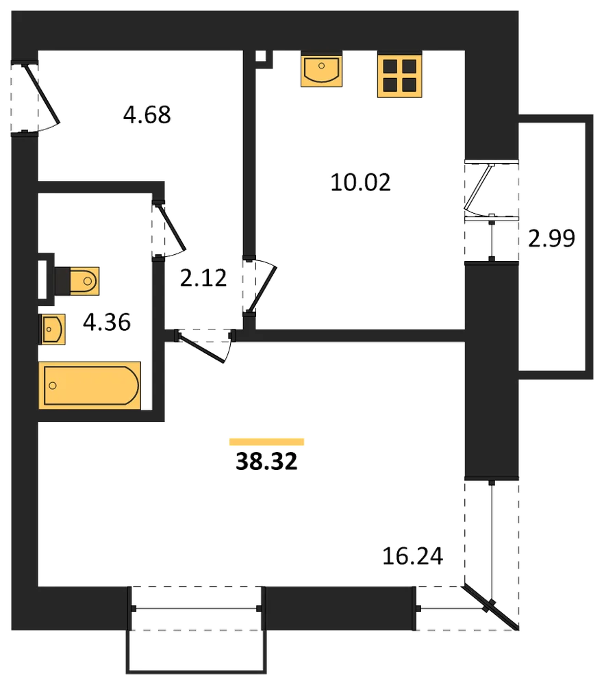 Планировка: 1-комн., 38,3 м²