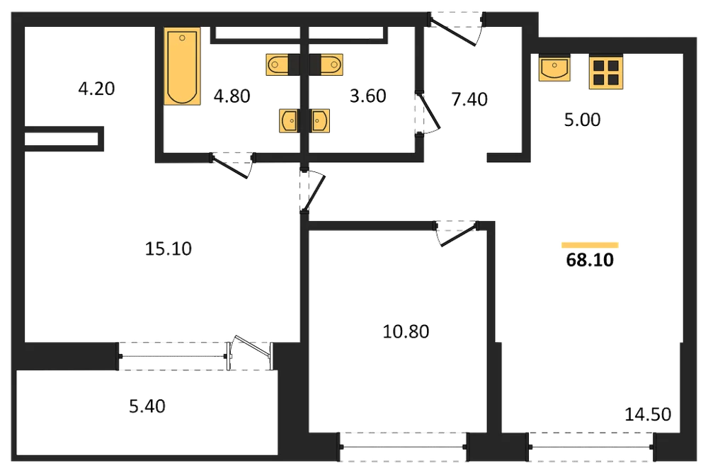 Планировка: 2-комн., 68,1 м²
