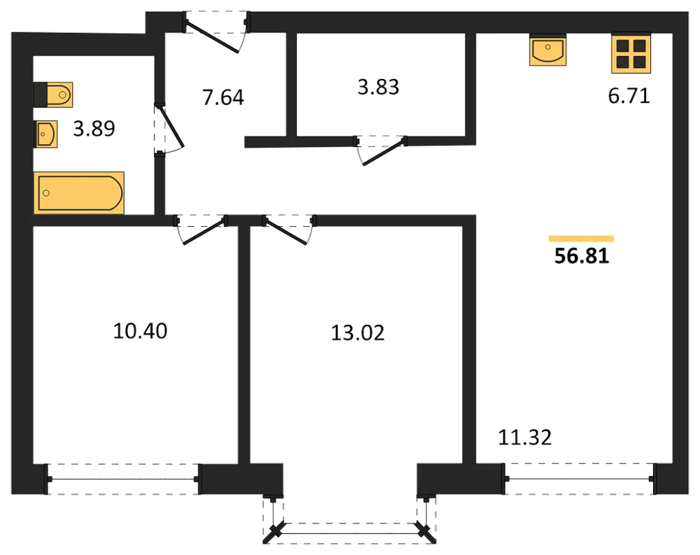 Планировка: 3-комн., 56,5 м²