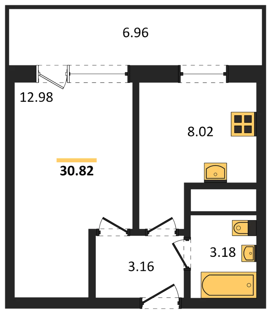 Планировка: 1-комн., 30,8 м²