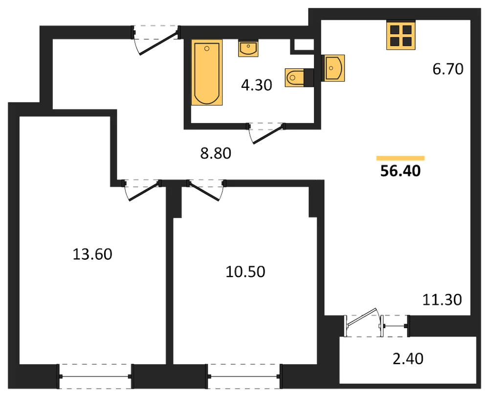 Планировка: 2-комн., 56,4 м²