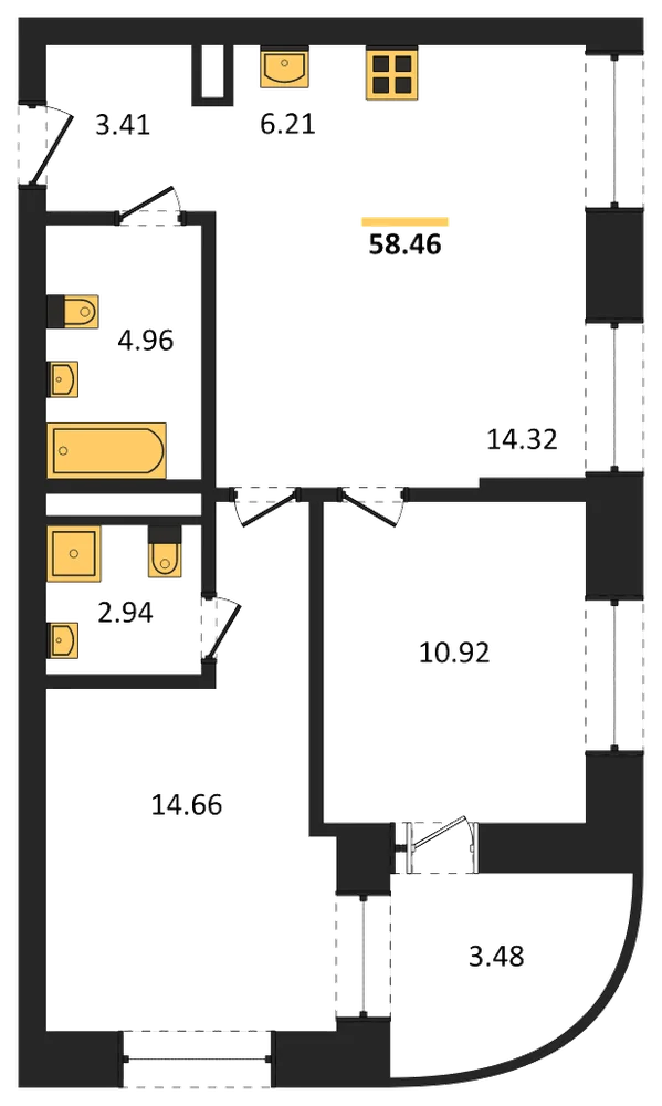 Планировка: 2-комн., 58,5 м²