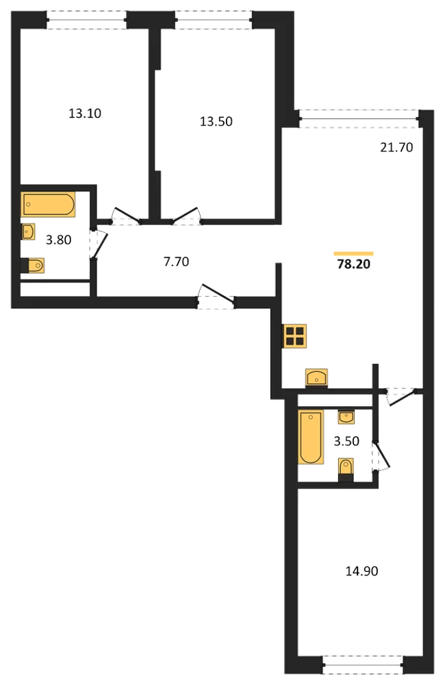 Планировка: 3-комн., 78,2 м²