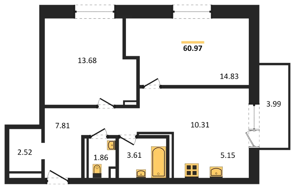 Планировка: 2-комн., 61 м²