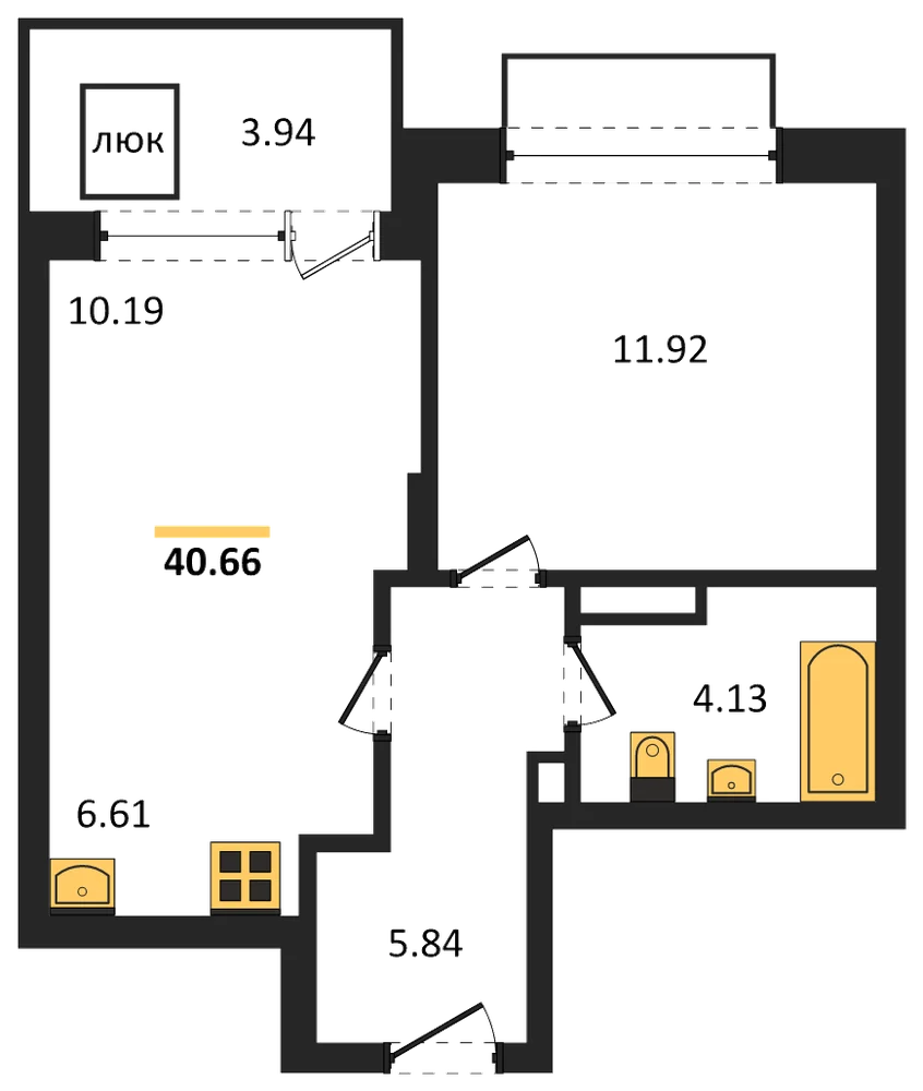 Планировка: 1-комн., 40,7 м²
