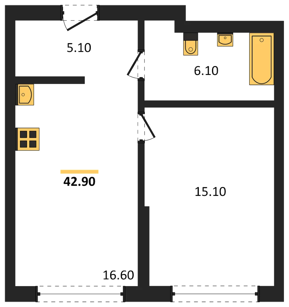 Планировка: 1-комн., 42,9 м²