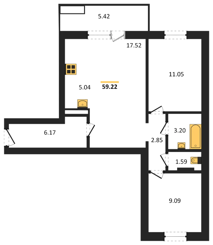 Планировка: 2-комн., 59,2 м²