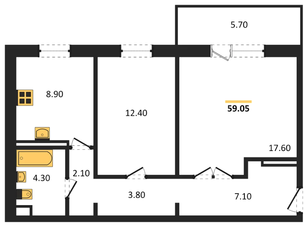 Планировка: 2-комн., 55,9 м²