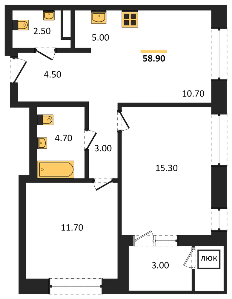 Планировка: 3-комн., 58,9 м²