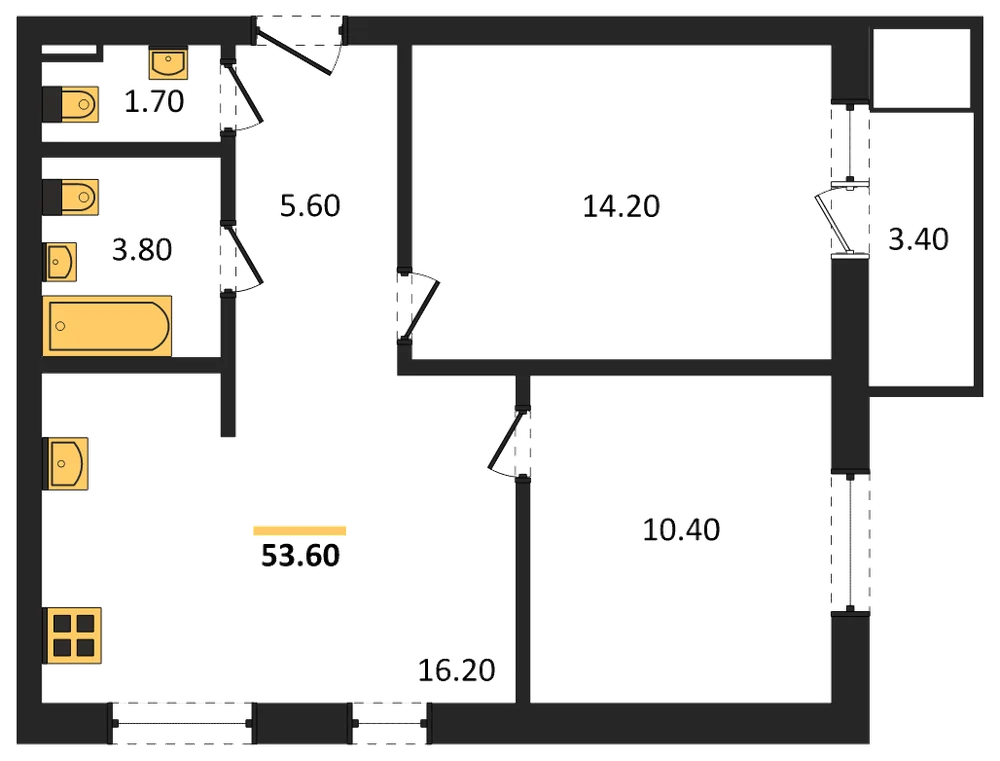 Планировка: 2-комн., 53,6 м²