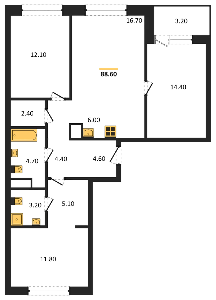Планировка: 3-комн., 88,6 м²