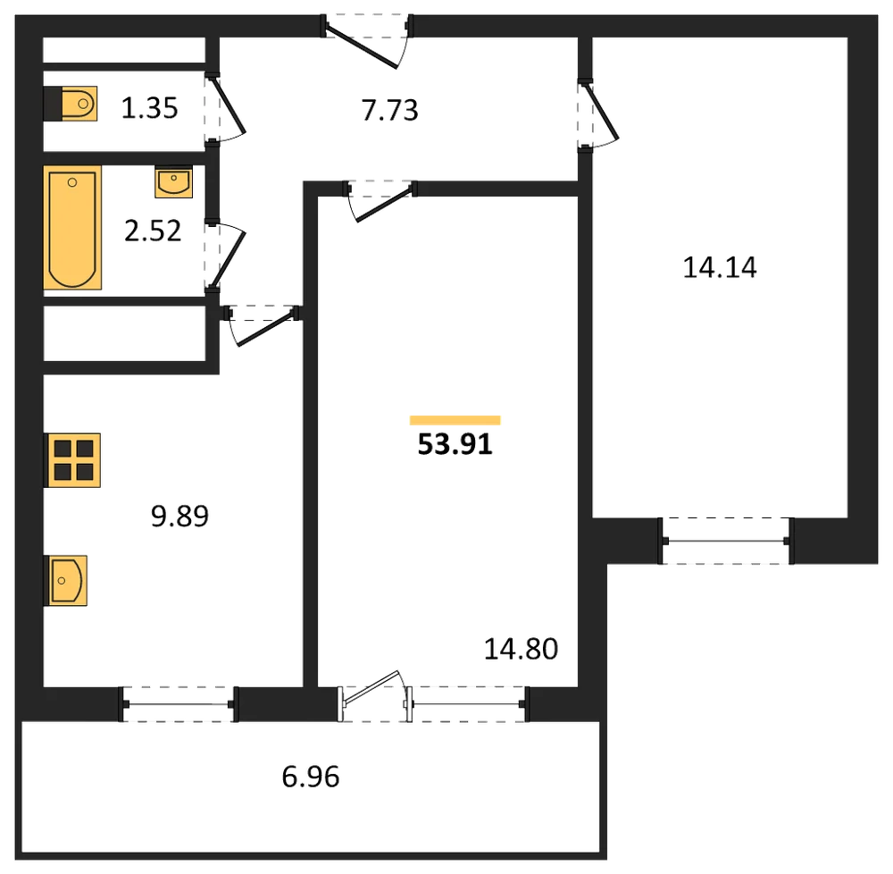 Планировка: 2-комн., 53,9 м²