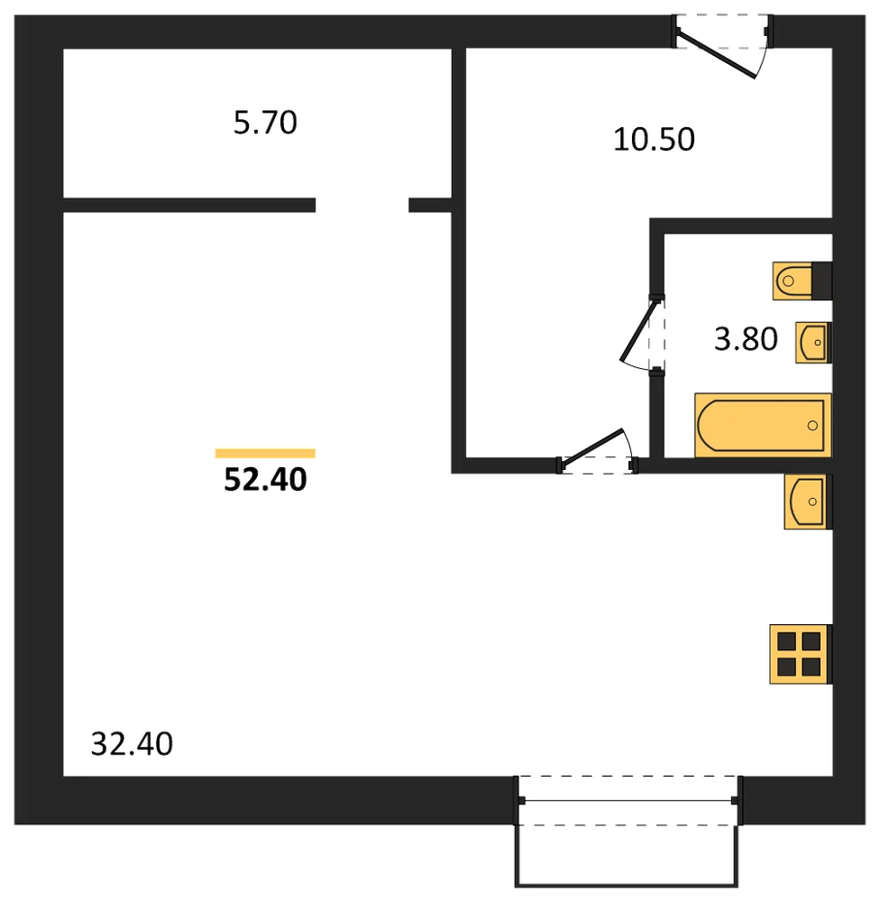 Планировка: Студия, 52,4 м²