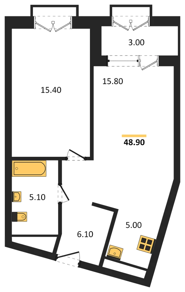 Планировка: 2-комн., 48,9 м²