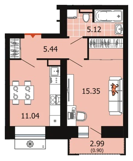 Планировка: 1-комн., 37,9 м²