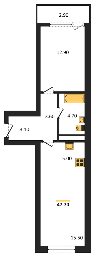 Планировка: 1-комн., 47,7 м²