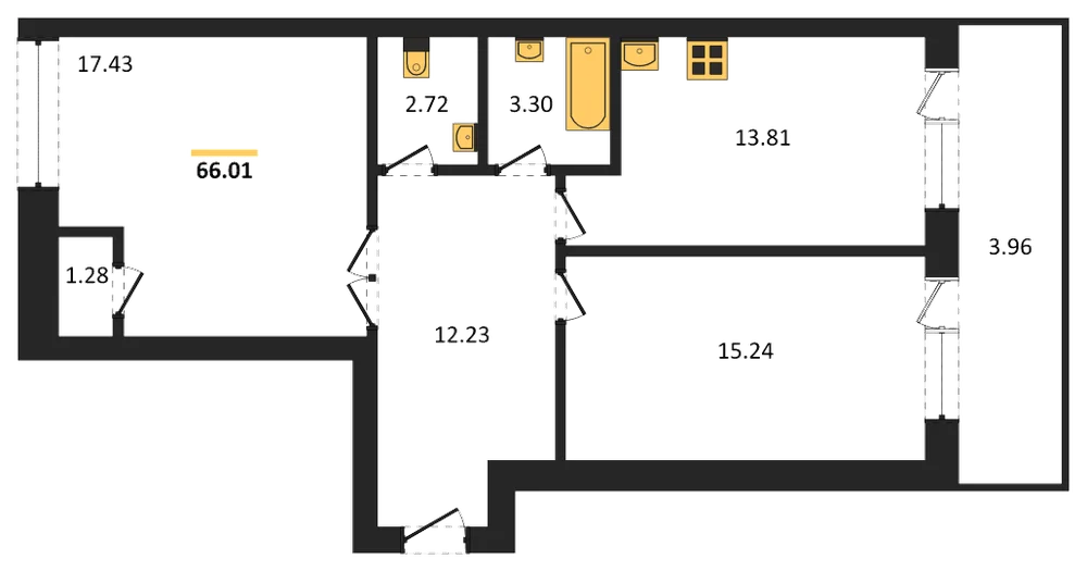 Планировка: 2-комн., 66 м²