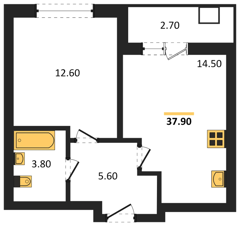 Планировка: 1-комн., 38,3 м²
