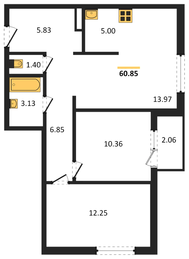 Планировка: 2-комн., 60,9 м²