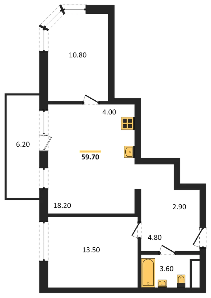 Планировка: 2-комн., 59,7 м²
