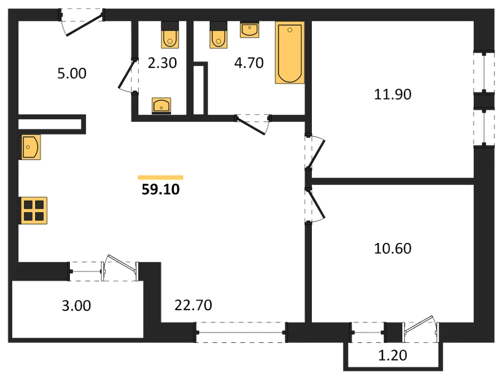 Планировка: 2-комн., 58,6 м²