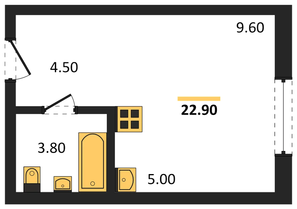 Планировка: Студия, 22,9 м²