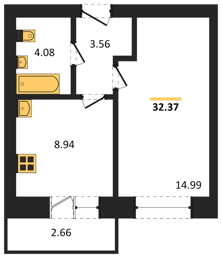 Планировка: 1-комн., 32,4 м²
