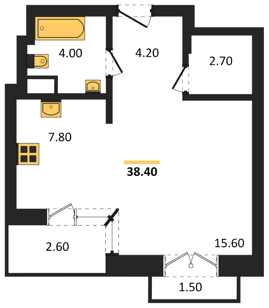 Планировка: Студия, 38,4 м²