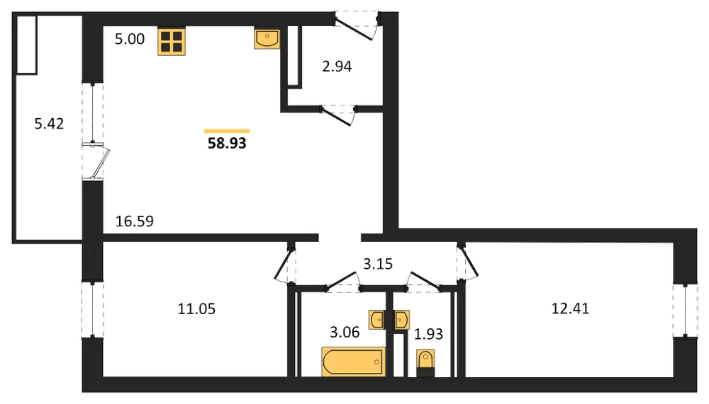 Планировка: 2-комн., 58,9 м²