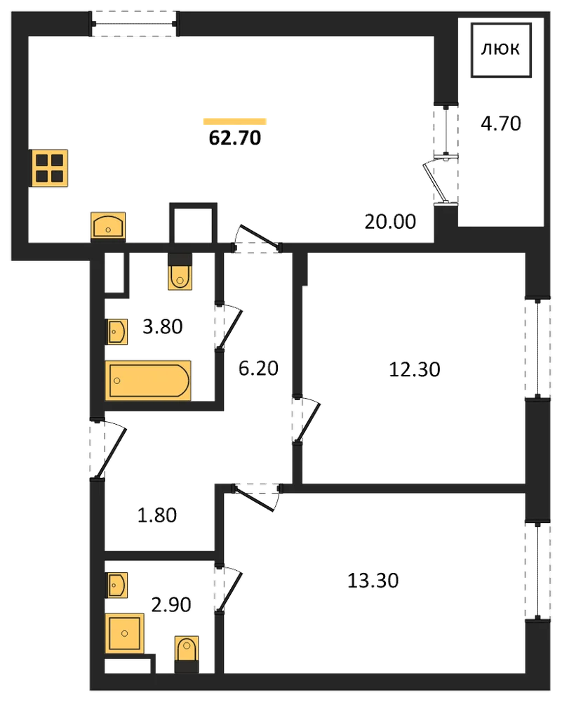 Планировка: 2-комн., 62,7 м²