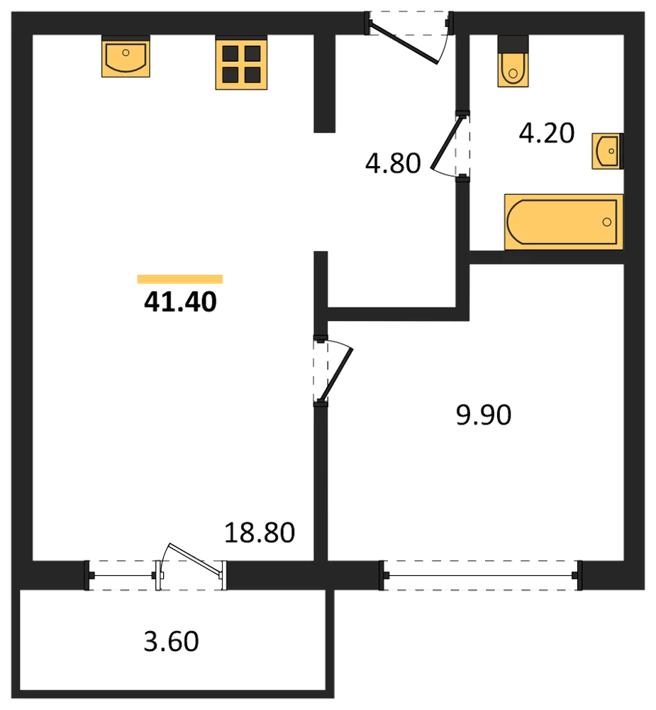 Планировка: 1-комн., 41,4 м²