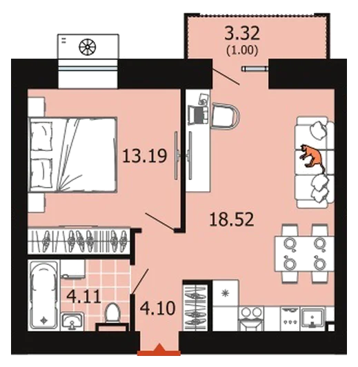 Планировка: 1-комн., 40,9 м²