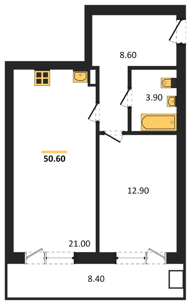 Планировка: 1-комн., 50,6 м²