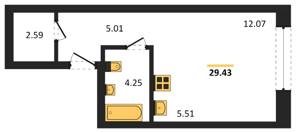Планировка: Студия, 29,1 м²
