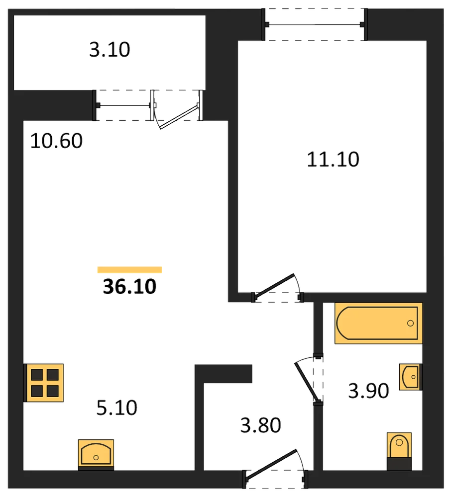 Планировка: 1-комн., 36,1 м²