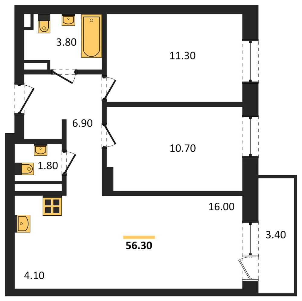 Планировка: 2-комн., 54,1 м²